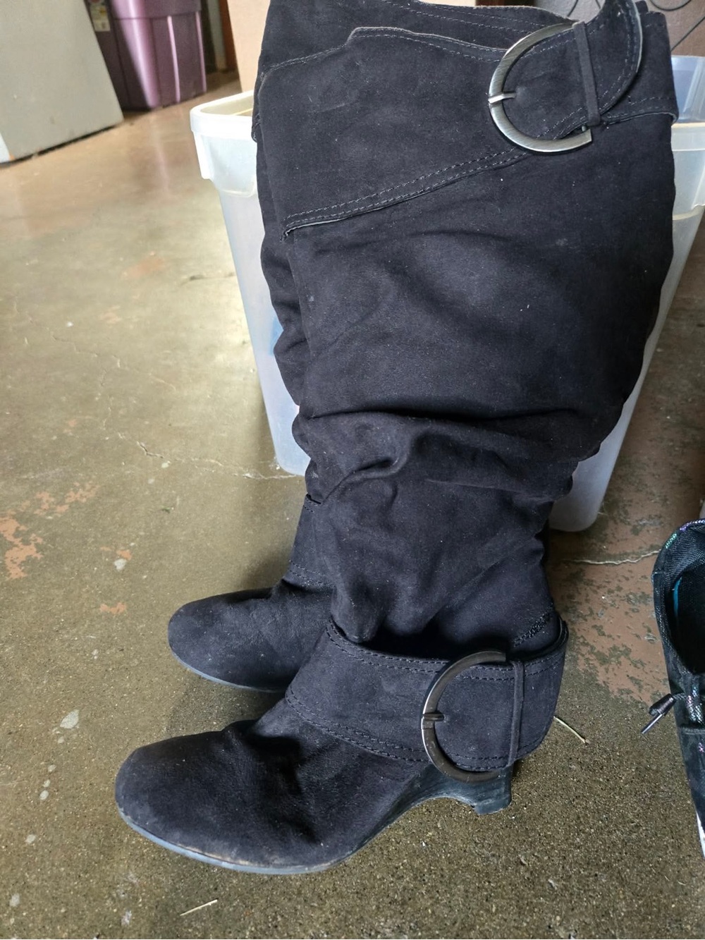 Black Suede Slouchy Knee Boots with Buckle Detail